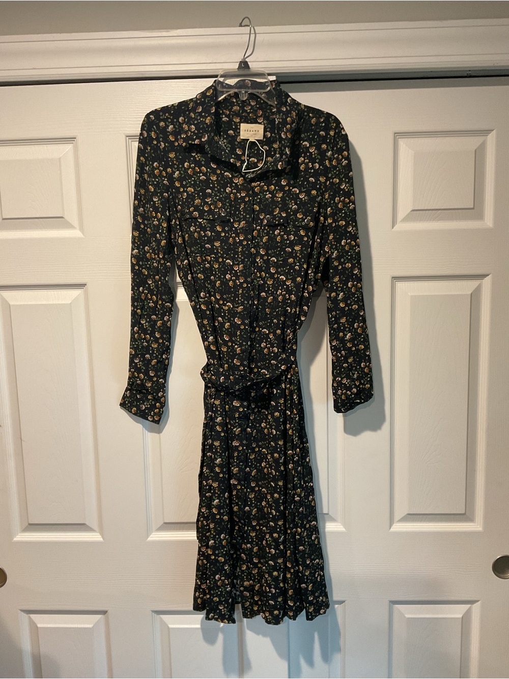 NWOT Sezane Long Black & Flower Floral Rayon Long Maxi Shirt Dress Belt Boho, 44
